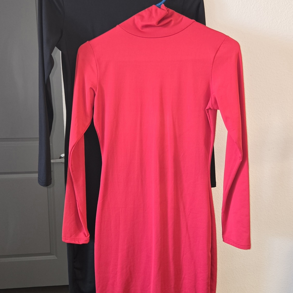 Red Bodycon Long Sleeve Mock Neck Dress